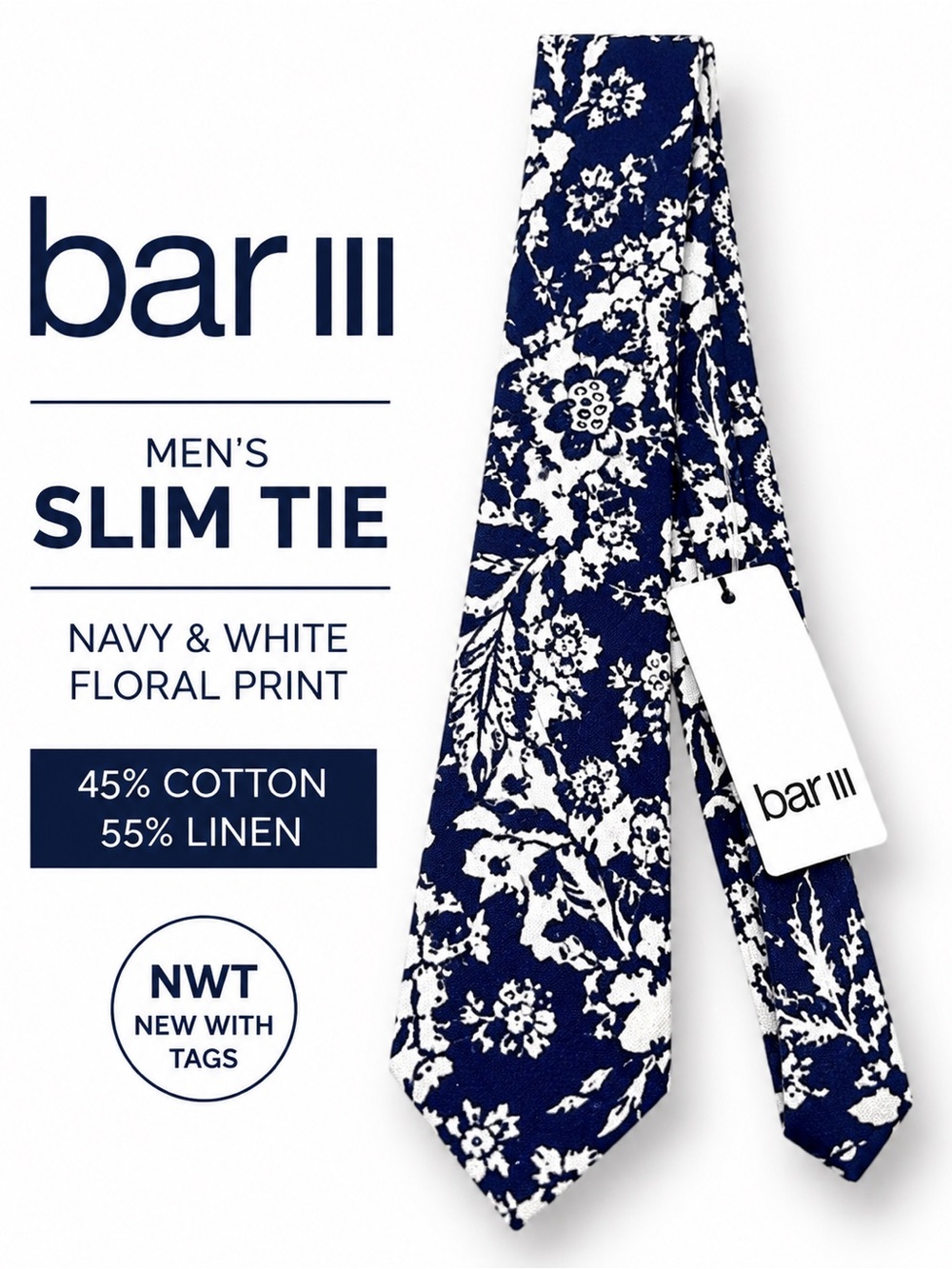 Bar III Men’s Slim Tie Navy White Floral Linen Cotton Blend NWT 58” Preppy